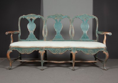 Lot 647 - Rococo Blue-Painted Triple Chairback Settee