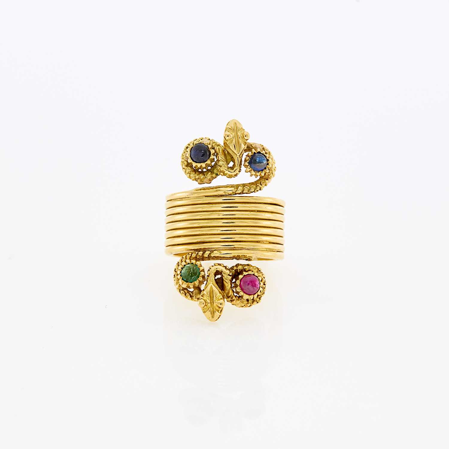 Lot 1038 - Gold and Cabochon Colored Stone Serpent Ring