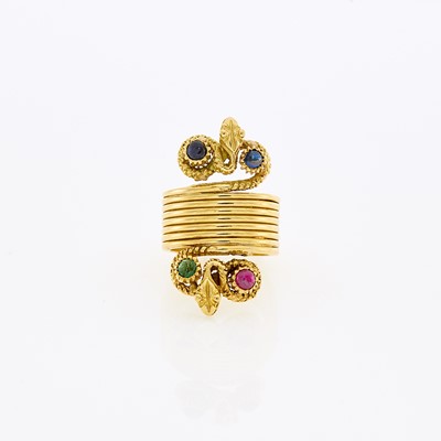 Lot 1038 - Gold and Cabochon Colored Stone Serpent Ring