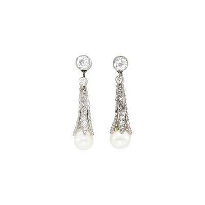Lot 132 - Pair of Platinum, Natural Pearl and Diamond Pendant-Earrings