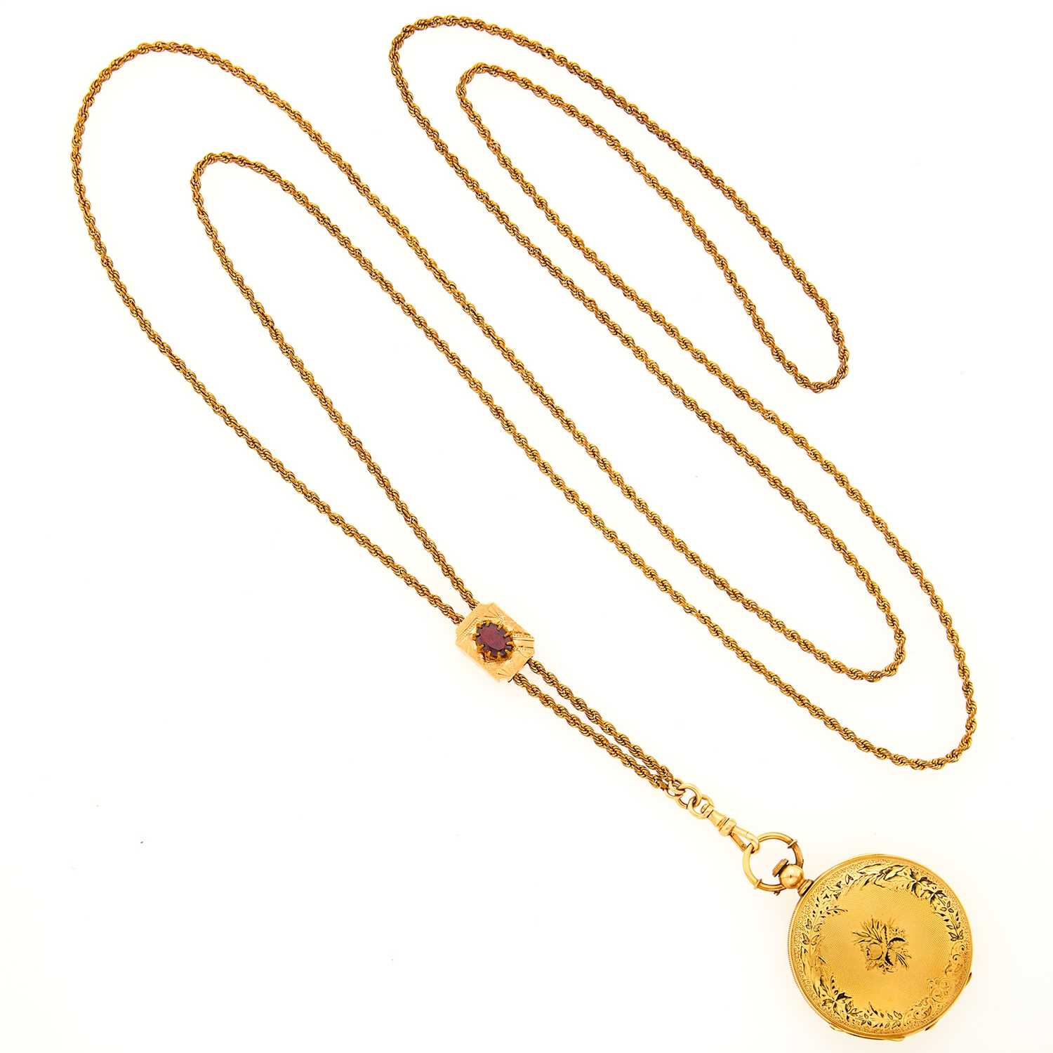 Lot 1161 - Gold Hunting Case Pocket Watch with Gold-Filled and Garnet Fob Chain