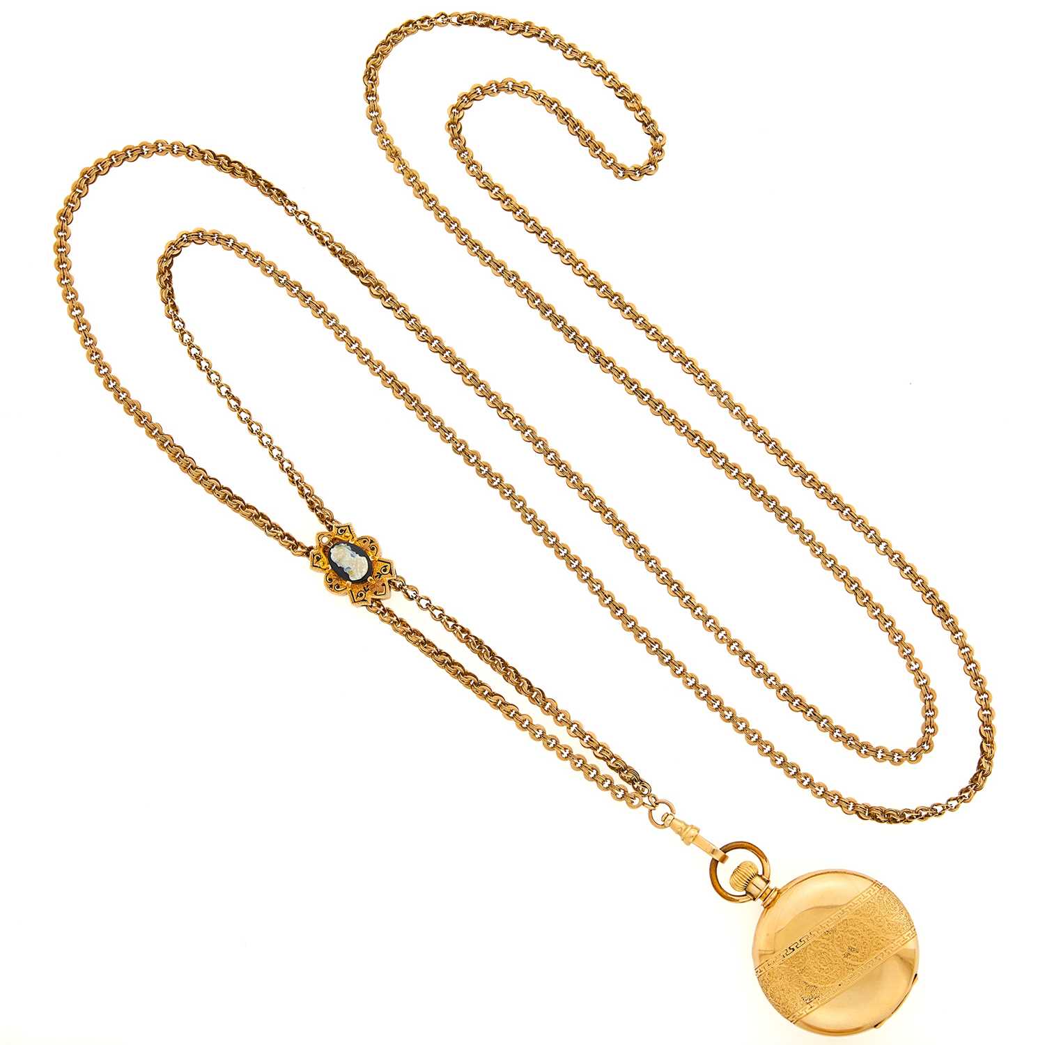 Lot 1167 - Gold Hunting Case Pocket Watch with Low Karat Gold Gold, Hardstone Cameo, Black Enamel and Split Pearl Slide Chain Necklace
