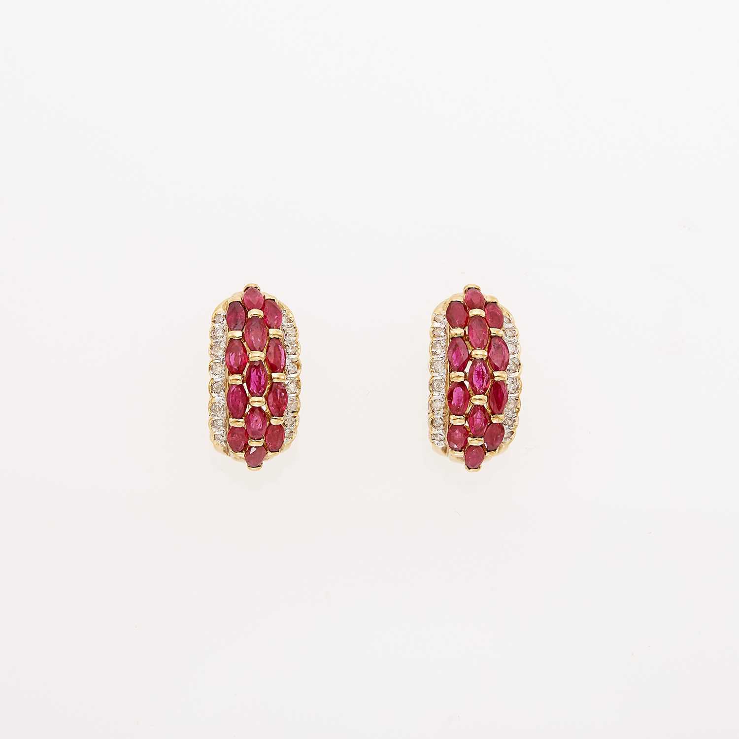 Lot 1186 - Pair of Gold, Ruby and Diamond Half-Hoop Earrings
