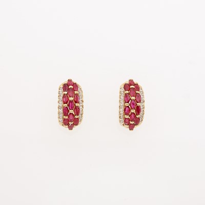 Lot 1186 - Pair of Gold, Ruby and Diamond Half-Hoop Earrings