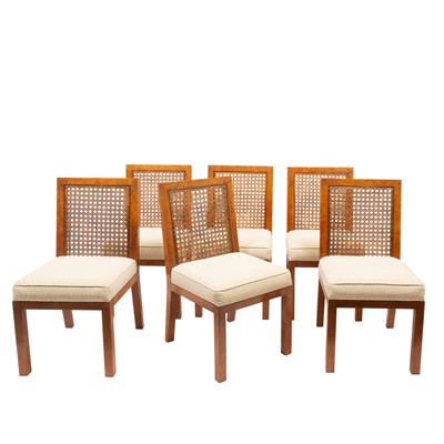 Lot 553 - Set of Six John Widdicomb Caned and Burlwood Dining Chairs