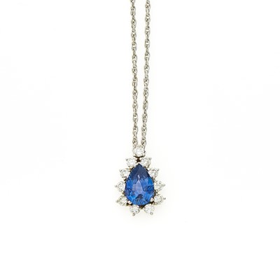 Lot 1199 - White Gold, Sapphire and Diamond Pendant with Chain Necklace