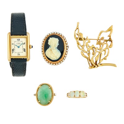 Lot 1253 - Must de Cartier Gold-Plated 'Tank' Wristwatch and Group of Gold Jewelry