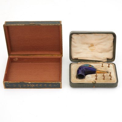 Lot 443 - Enamel Duck Cane Handle; Together with a Painted Metal Box
