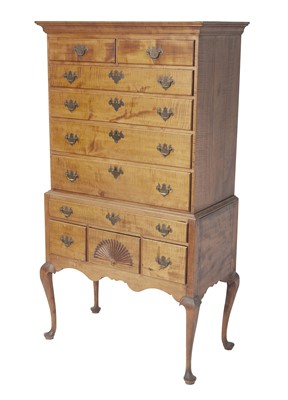 Lot 225 - Queen Anne Tiger Maple High Chest of Drawers