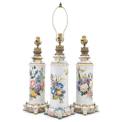 Lot 447 - Pair of Continental Floral Decorated Faience Lamps