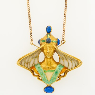 Lot 1177 - Gold, Enamel and Cabochon Synthetic Sapphire Pendant with Chain Necklace