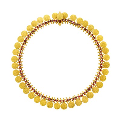 Lot 23 - Gold and Cabochon Ruby Fringe Necklace