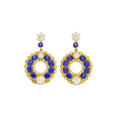 Lot 65 - Pair of Gold, Sapphire and Diamond Pendant-Earrings