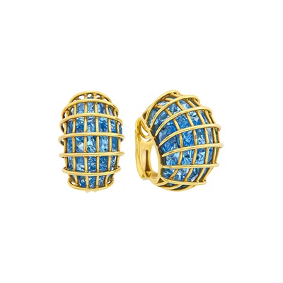 Lot 128 - Verdura Pair of Gold and Blue Topaz 'Cage' Earclips