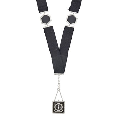 Lot 236 - Dreicer & Co. Platinum, Gold, Platinum, Black Onyx, Black Enamel and Diamond Pendant-Watch Necklace