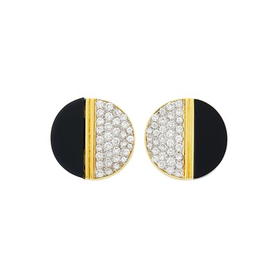 Lot 121 - Pair of Two-Color Gold, Black Jade and Diamond Earclips
