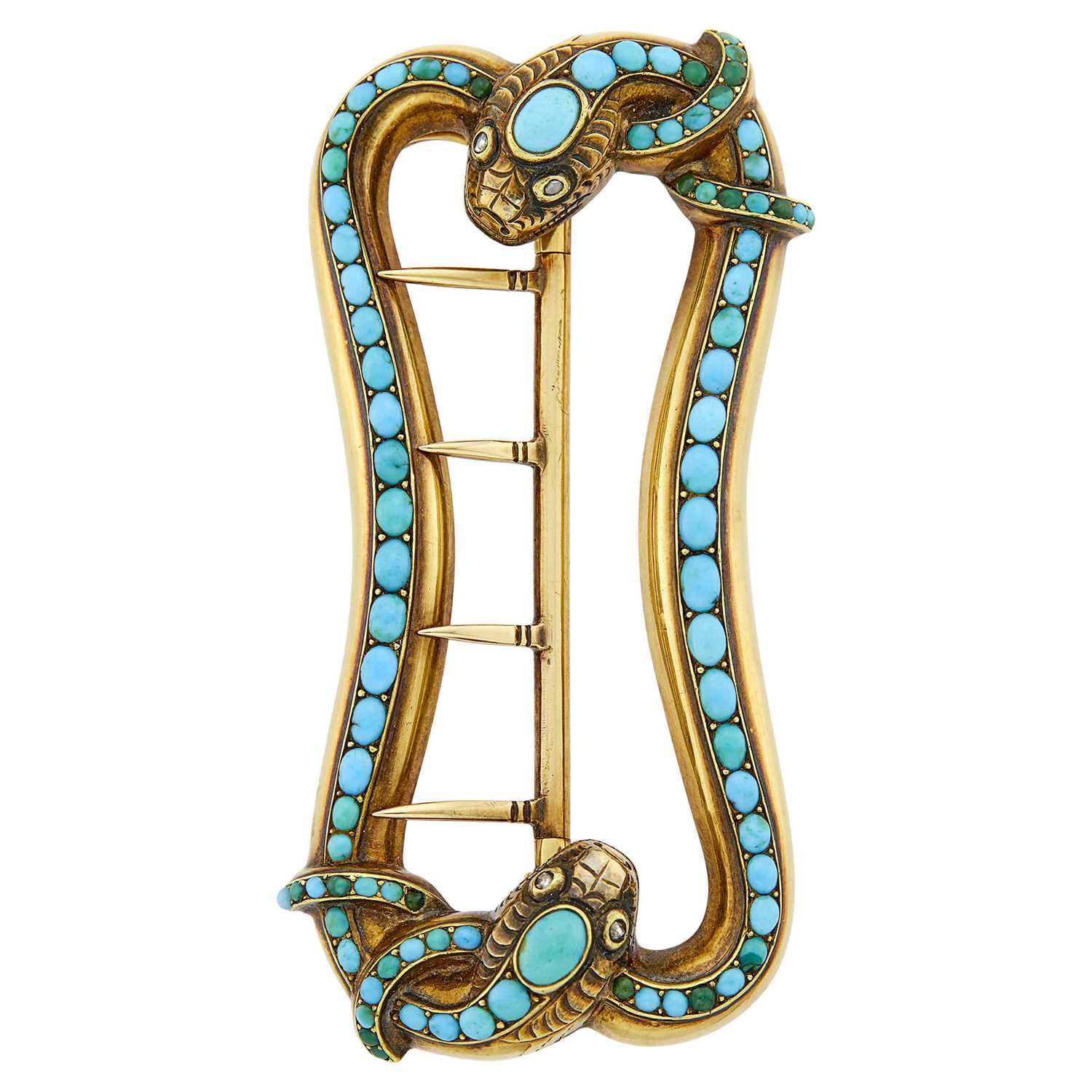 Lot 1070 - Antique Low Karat Gold, Turquoise and Diamond Serpent Belt Buckle