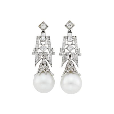 Lot 66 - Pair of Platinum, Diamond and South Sea Cultured Pearl Pendant-Earrings, France