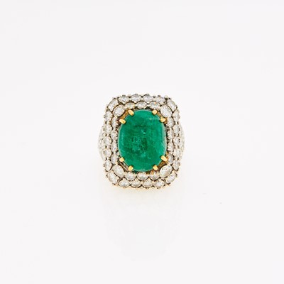 Lot 1068 - Palladium, Cabochon Emerald and Diamond Ring