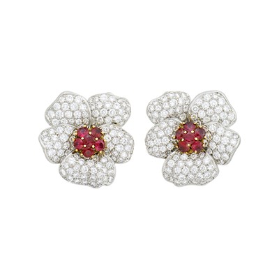 Lot 90 - Pair of Platinum, Ruby and Diamond Flower Earclips