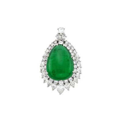 Lot 1138 - Platinum, Cabochon Emerald and Diamond Pendant