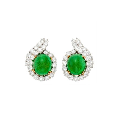 Lot 1137 - Pair of Two-Color Gold, Cabochon Emerald and Diamond Earclips