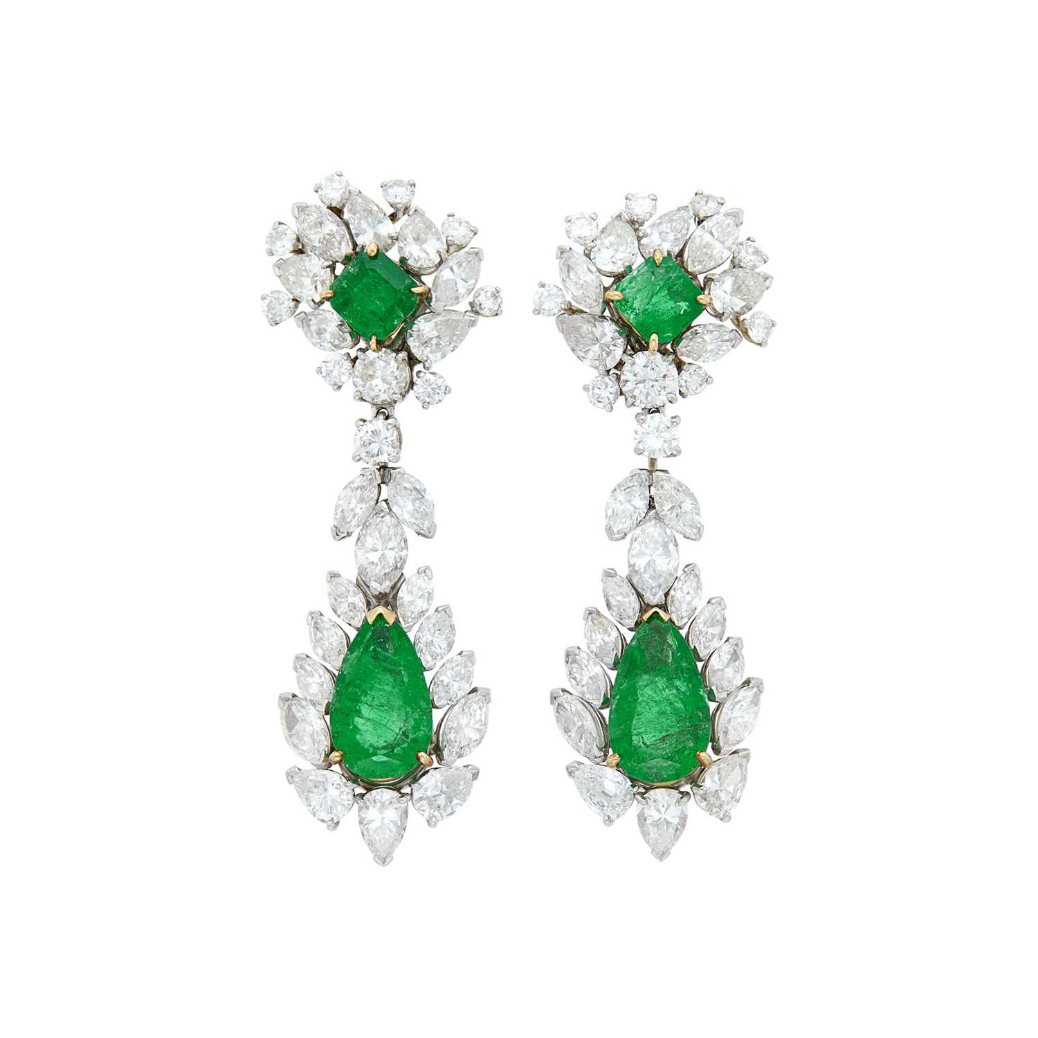 Lot 74 - Pair of Platinum, Gold, Emerald and Diamond Pendant-Earclips
