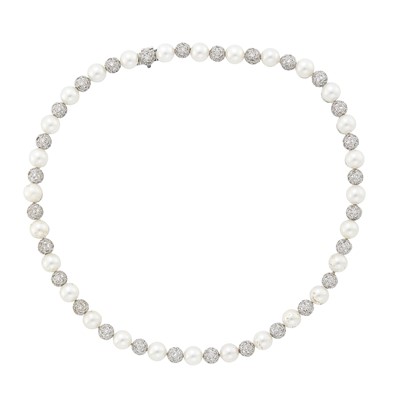 Lot 50 - White Gold, Cultured Pearl and Diamond Necklace