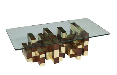Lot 583 - Paul Evans Brass, Burlwood and Glass "Cityscape" Coffee Table