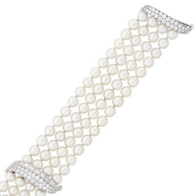 Lot 243 - Four Strand Cultured Pearl, Platinum and Diamond Bracelet