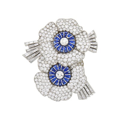 Lot 257 - Platinum, Diamond and Invisibly-Set Sapphire Flower Clip
