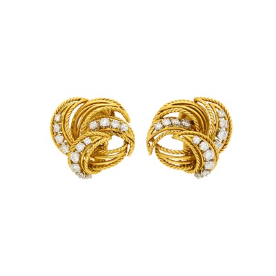 Lot 104 - Pair of Gold, Platinum and Diamond Earclips, France