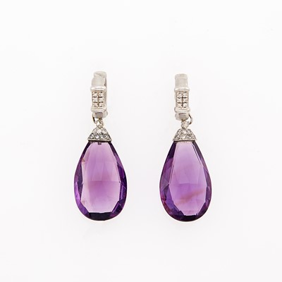 Lot 1064 - Pair of White Gold, Amethyst and Diamond Pendant-Earrings