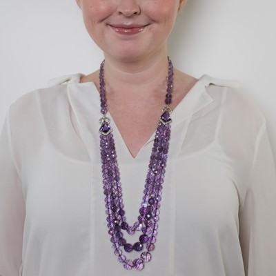 Lot 76 - Long Amethyst Bead, Platinum, White Gold and Diamond Swag Necklace, France