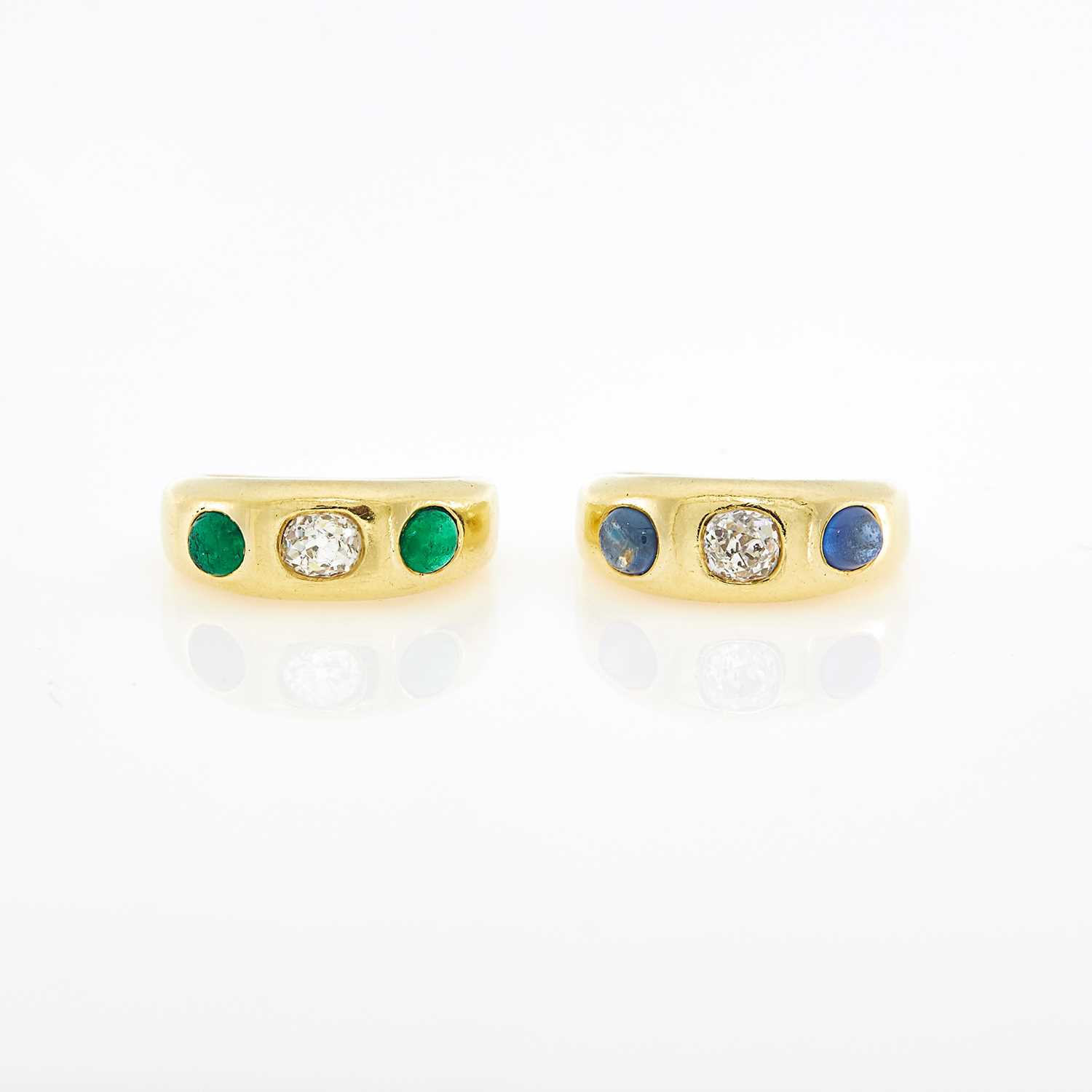 Lot 1015 - Pair of Gold, Diamond and Cabochon Emerald and Sapphire Gypsy Rings