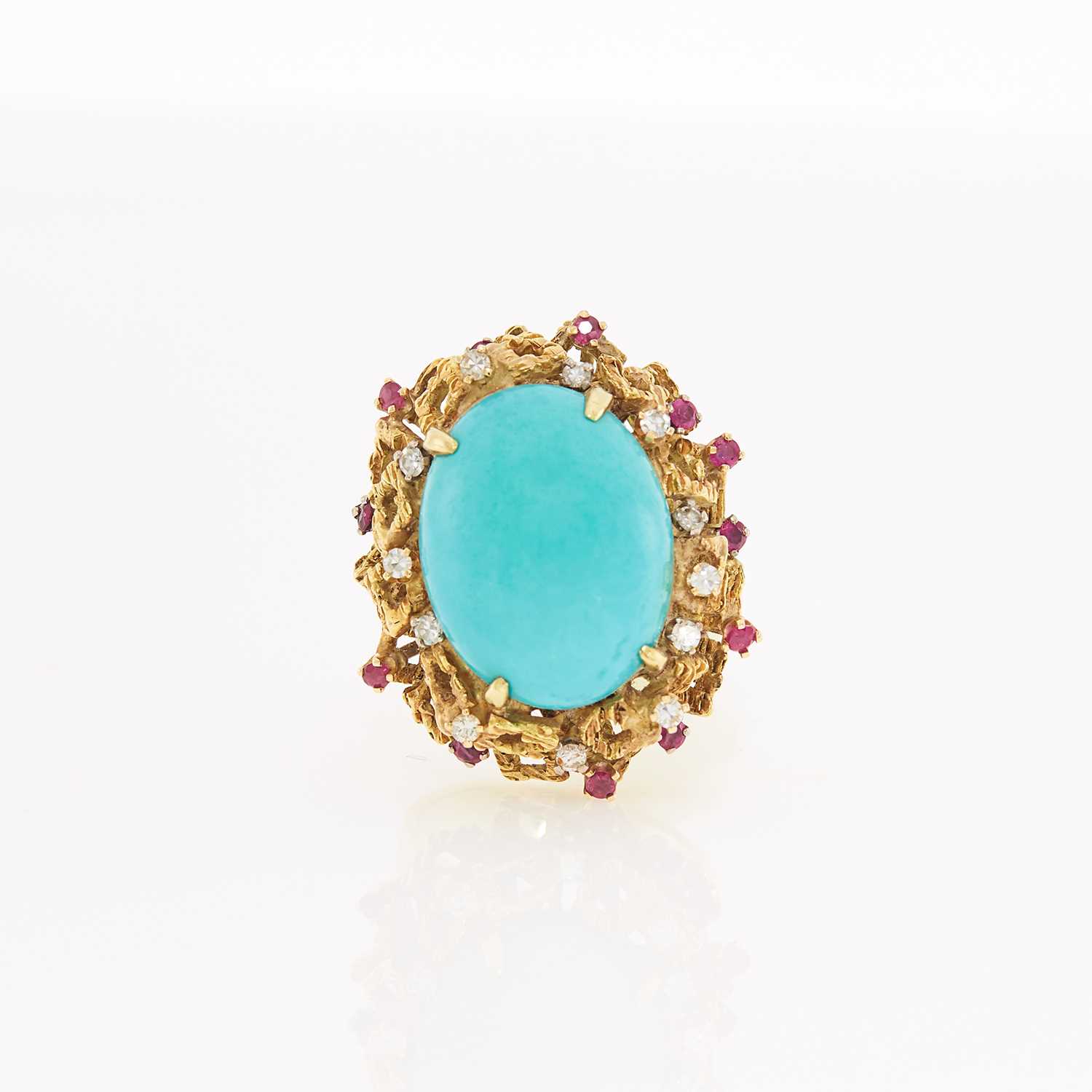 Lot 1185 - Gold, Turquoise, Ruby and Diamond Ring