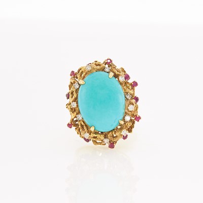 Lot 1185 - Gold, Turquoise, Ruby and Diamond Ring