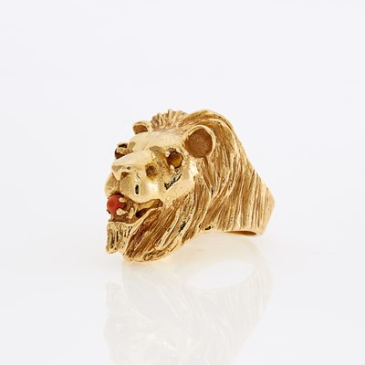 Lot 1176 - Gold, Coral and Tiger’s Eye Lion’s Head Ring