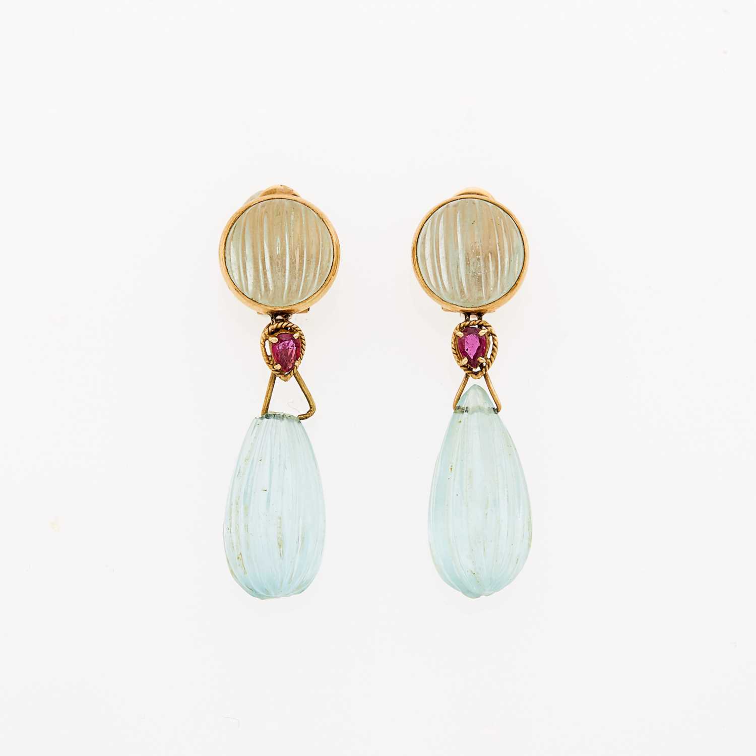 Lot 1123 - Pair of Gold, Carved Aquamarine and Ruby Pendant-Earclips