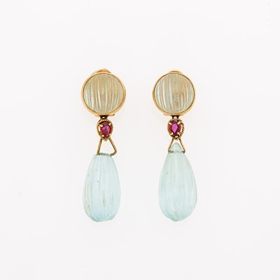 Lot 1123 - Pair of Gold, Carved Aquamarine and Ruby Pendant-Earclips
