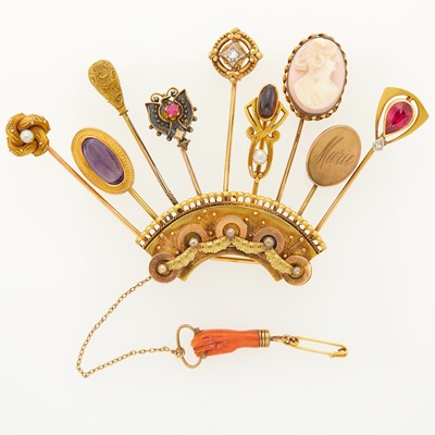 Lot 1151 - Tricolor Gold and Gem-Set Stick Pin Brooch