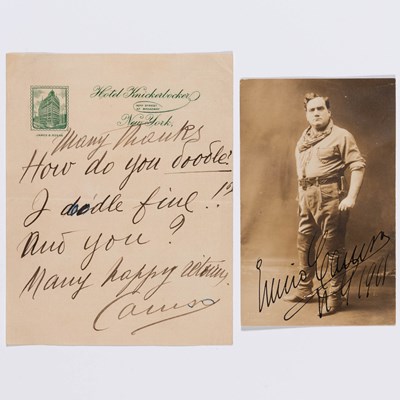 Lot 583 - A signed picture postcard and a signed note from Enrico Caruso