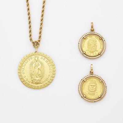 Lot 1182 - Gold Medallion Pendant with Chain Necklace and Pair of Gold Coin Charms