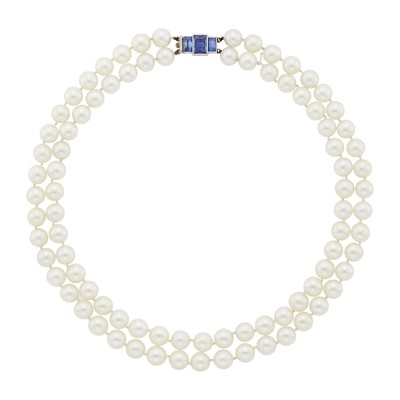 Lot 65 - Double Strand Cultured Pearl Necklace with Platinum and Sapphire Clasp