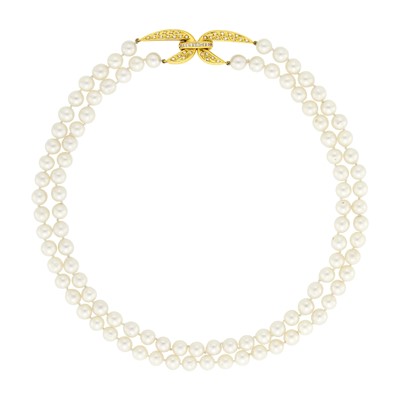 Lot 30 - Double Strand Cultured Pearl, Gold and Diamond Necklace