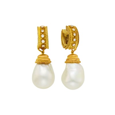 Lot 94 - Pair of Gold, Baroque Cultured Pearl and Diamond Pendant-Earrings