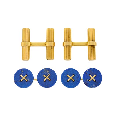 Lot 1017 - Pair of Gold and Lapis Button Cufflinks, France, and Gold and Ribbed Cylinder Cufflinks