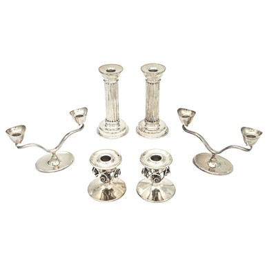 Lot 143 - Two Pairs of Mexican Sterling Silver Candlesticks and a Pair of Candelabra