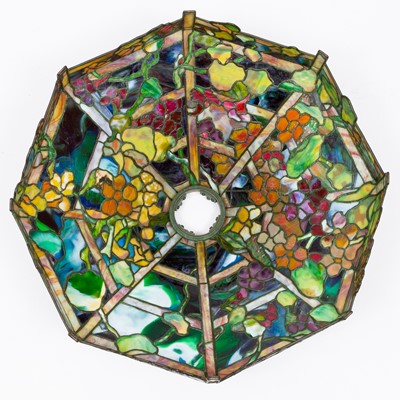 Lot 502 - Tiffany Studios Bronze and Leaded Glass Nasturtium Trellis Chandelier