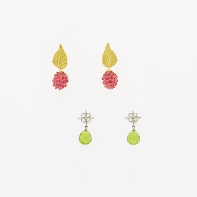 Lot 1152 - Tiffany & Co. Platinum, Peridot and Diamond Pendant-Earrings and Gold and Carved Pink Tourmaline Pendant-Earrings